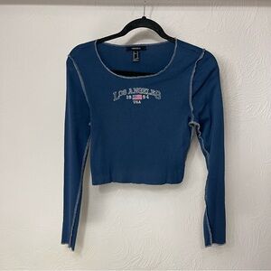 Forever 21 Blue Long Sleeve Crop Fitted Crew Neck Tee